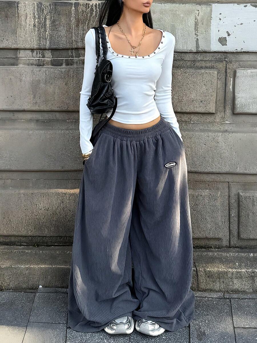 Coolane Women's Oversized Casual High Street Baggy Textured Drop Waist Solid Color Wide Leg Pants - Dark Grey - View 1
