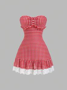 Sunnyshic Women's Casual Vacation Style Ruffled Floral Lace Patchwork Red Plaid Mesh Slim Fit Beach Dress - Multicolor - View 4