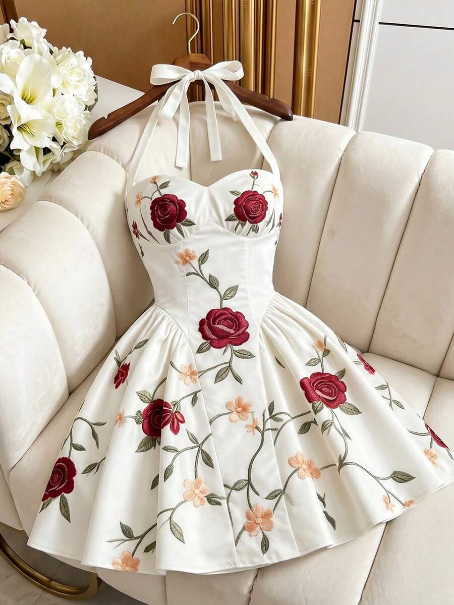 GlowEve 女士吊带系腰A字短款连衣裙,蝴蝶结领口,玫瑰花卉图案,夏季新款中长连衣裙,优雅正式连衣裙,休闲连衣裙,印花连衣裙,迷人连衣裙,无袖连衣裙,婚礼宾客连衣裙,音乐节连衣裙,毕业礼服,时尚休闲通勤装,商务办公装,百搭时尚日常休闲装,都市教师工作服 - 彩色 - 查看 1