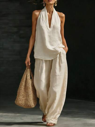 Breezaya Conjunto feminino casual urbano em linho branco com blusa sem mangas de decote em V e calça pantalona.