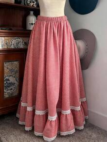 SHEIN Clasi Plus Size Vintage Country Style Pleated Red Plaid Patchwork Lace Hem Skirt, Summer Fall - Red - View 8