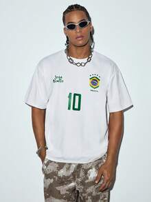 Modcrash Men's Graphic T-Shirt, Retro Brazil Football Jersey - Legendary Number 10, Casual Football Fan Outfit, Football Shirt, 100% Polyester Breathable Knit Fabric, Regular Fit Round Neck Design - White - View 4