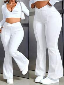 Flexra Plus Size Solid High Waist Flare Leg Skinny Fashion Jeans - White - View 1