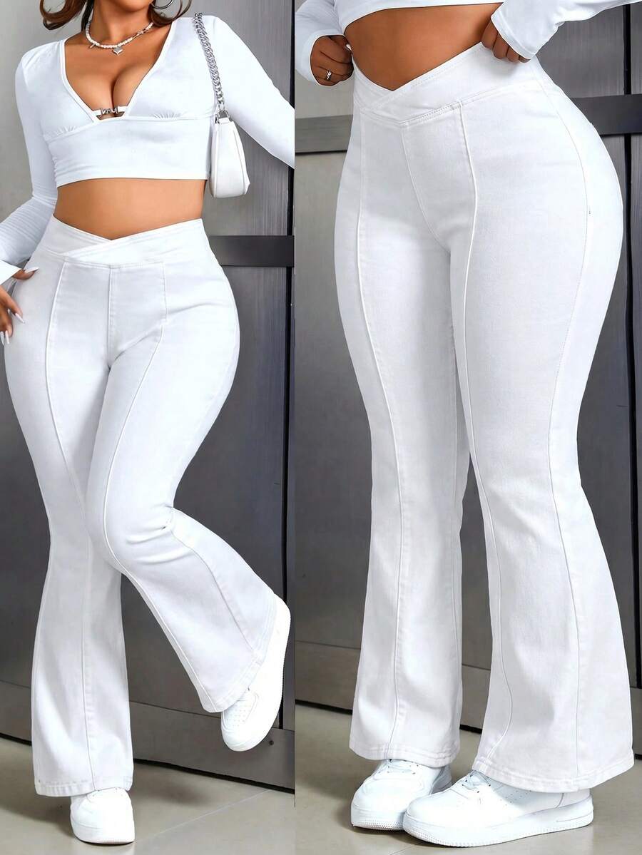 Flexra Plus Size Solid High Waist Flare Leg Skinny Fashion Jeans - White - View 1