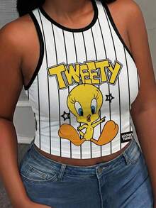 Slaydiva LOONEY TUNES X SHEIN Plus Size Casual Summer White Cartoon Print Fitted Tank Top Back-To-School Active Graduation Teacher - Multicolor - View 4
