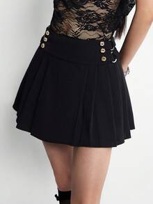 INAWLY Rok Lipit Warna Polos untuk Wanita - Hitam - View 1