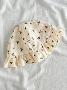 SHEIN Vintaside Kids 夏季新生女嬰杏色圓領荷葉邊卡通櫻桃印花無袖紅色蝴蝶結洋裝附紅色帽子，優雅可愛 - 卡其色 - 查看 11
