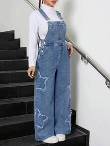 SHEIN 青少年女孩時尚休閒 Y2K 復古荷葉邊星光藍寬鬆後腰牛仔褲，適合日常穿著 - 藍色 - 查看 2
