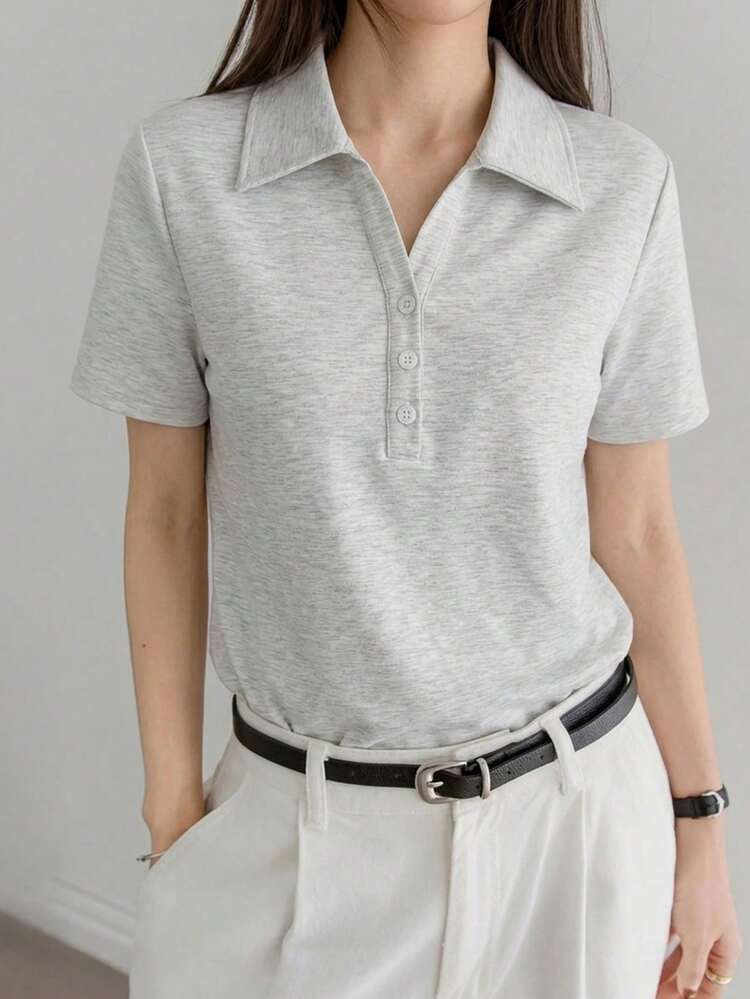Summer Autumn Business Casual Solid Color Minimalist Half-Open Placket Polo Shirt Short Sleeve Women's T-Shirt