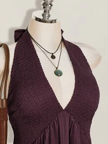 SHEIN ICON 加大码黑色编织露背吊带A字连衣裙，收腰设计，适合夏季、度假、日常穿着、Y2K风格、暑假、返校季等场合。 - 紫色 - 查看 5