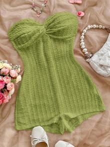 SHEIN PETITE CURVE 大码女式夏季海滩度假风简约纯色纹理面料扭结前襟抹胸连体衣 - 綠色 - 查看 8