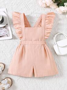 SHEIN Young Girl Cotton Linen Ruffle Collar Jumpsuit, Spring/Summer - Pink - View 5