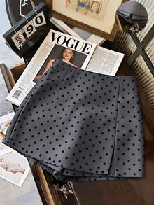 Grovea Plus Size Women's Casual Elegant 2 In 1 A-Line Waist Side Slit Polka Dot Print Skort, Suitable For Dating, Office, Commuting, Business, Home, Travel Occasions - Grey - View 3
