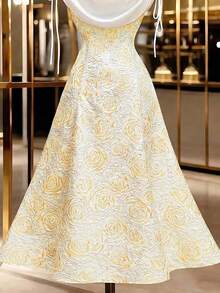 Modelyn Women's Jacquard Drawstring Shoulder Elegant Romantic Dress Wedding Formal Official White And Gold Summer - Yellow - View 7