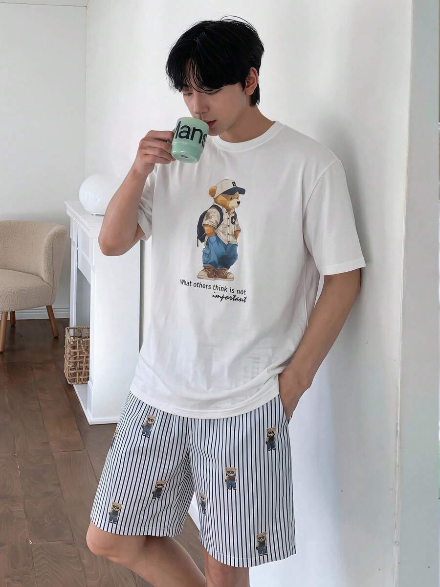 DAZY 男士夏季圖案印花T恤與條紋短褲睡衣套裝 - 彩色 - 查看 1