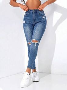 SHEIN PETITE 女款休閒修身長版牛仔褲 中色水洗 拉鍊與破洞設計 小碼女款 - 中等水洗藍 - 查看 1