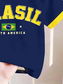 女嬰亮麗陽光黃金色星芒金海岸復古時尚綠色BRAZIL字母對比領休閒極簡短袖修身圓領T恤，適合春夏日常穿著、外出、運動、世界盃、度假、假期，舒適易穿時尚女嬰復古運動字母圖案上衣，新款返校休閒慵懶風穿搭 - 彩色 - 查看 5