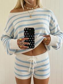CovetEZ Women's Casual Daily Striped Crew Neck Drop Shoulder Sweater And Drawstring Waist Shorts 2-Piece Set - Blue - View 3