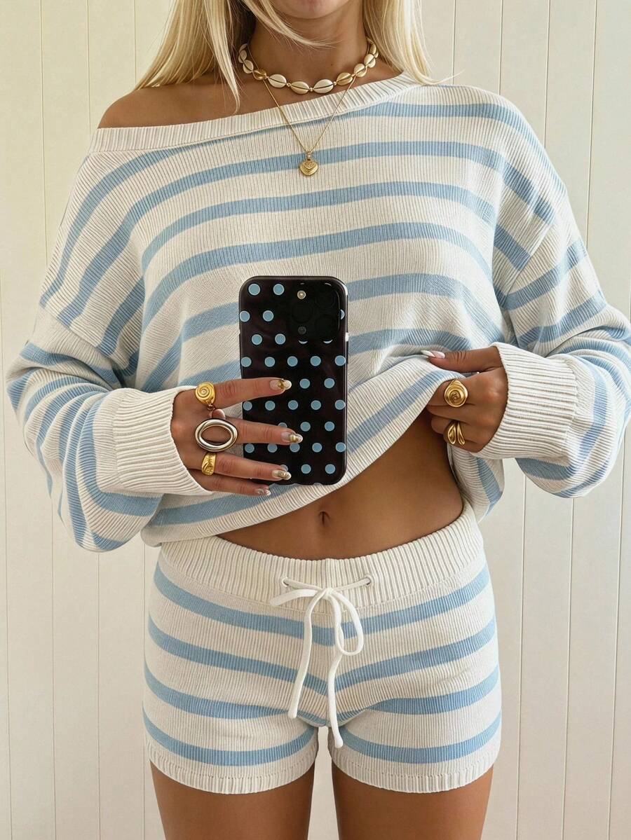 CovetEZ Women's Casual Daily Striped Crew Neck Drop Shoulder Sweater And Drawstring Waist Shorts 2-Piece Set