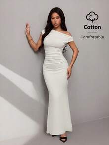 SHEIN PETITE Vestido asimétrico de hombro inclinado con cola de pez extra larga, tela de algodón cómoda, adecuado para citas diarias de verano, viajes, fiestas, ocasiones elegantes, salidas, noches de club, banquetes, mujeres de talla pequeña - Albaricoque - Ver 6