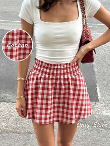 SHEIN PariChic Chân váy cotton kẻ caro đỏ trắng phong cách vintage Pháp - Chân váy mini cạp cao dáng chữ A ôm dáng xếp bèo cho mùa hè - Đỏ và trắng - Xem 3
