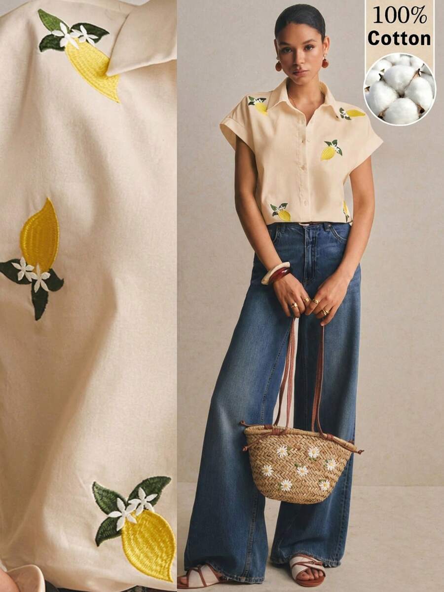 Poéselle 女款休閒度假檸檬刺繡襯衫 - 杏色 - 查看 1