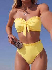 Swim Mod Women's Summer Beach Solid Color Ruffle Trim Bandeau Bikini Set With Front Knot, Two Pieces Swimwear Black Bathing Suits - Yellow - View 1