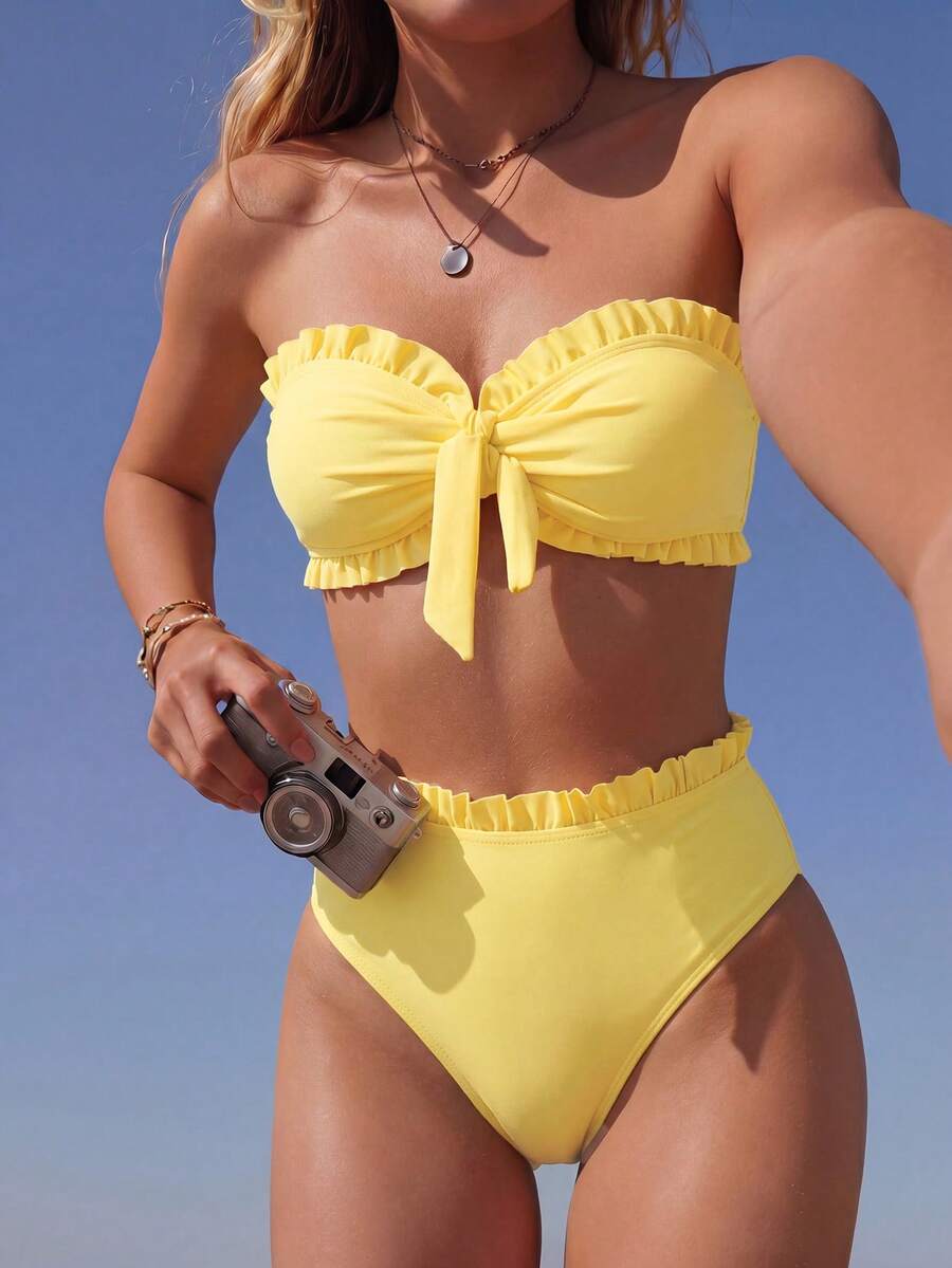 Swim Mod Women's Summer Beach Solid Color Ruffle Trim Bandeau Bikini Set With Front Knot, Two Pieces Swimwear Black Bathing Suits - Yellow - View 1