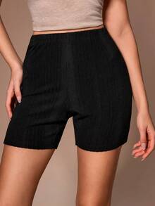Lazeform Solid Color Minimalist Casual Brushed Ribbed Slim Fit Women Shorts, Suitable For Loungewear Or Outerwear Home Black Summer - Black - View 3