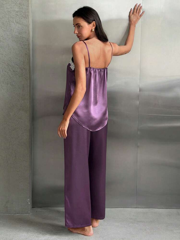 Women's Satin Lace Patchwork Camisole And Loose Casual Pants Pajama Set