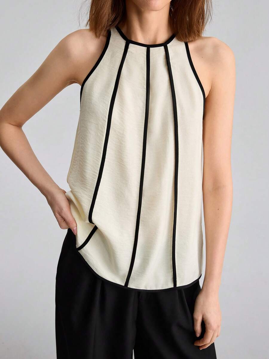 Ontre Women's Black And White Striped Summer Vest Top,Loose Fit Contrast Binding Design,Round Neck Button Tank Top,Smart Casual Office Wear,Elegant - Apricot - View 1