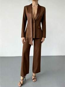 RiviMae Women's Solid Color Lapel NeckLong Sleeve Jacket And Pants Elegant Suit Set - Coffee Brown - View 5