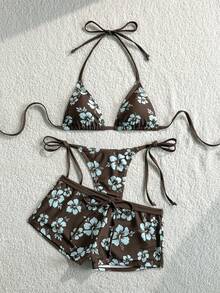 Soleia Summer New Beach Vacation Party Afternoon Tea Floral Print Micro Triangle Side Ruched 3-Piece Swimwear Set For Women, Floral Print Bikini Swimwear. Search: Polka Dot Bikini, Polka Dot Swimwear - Multicolor - View 6