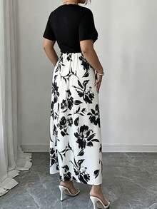 GlowEve CURVE Plus Size Floral Print Square Neck Elegant Short Sleeve Dress Wedding Black And White Summer - Black and White - View 2