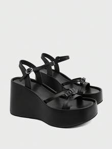 Sugerpunk Zapatos de mujer Sandalias de plataforma de moda para mujer - Sandalias de estilo punk casual de verano con lazo cruzado y hebilla - Zapatos de mujer cómodos y transpirables de un solo pedal simple - Negro - Ver 2