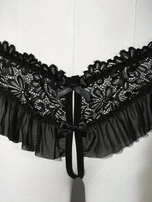 Seduluxe 1pc Plus Size Lace Mesh Crotchless Panty Black Summer - Black - View 4