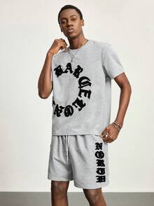 ROMWE MEN Street Life Men's Casual Fashion Street Daily Commute Letter Embroidered Dropped Shoulder Loose T-Shirt And Drawstring Waist Shorts Set, Summer - Grey - View 4