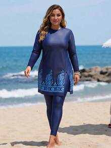Plus Size Women's 2 Pieces Burkini Set, Digital Printed Retro Style, Suitable For Beach & Holiday In Summer - Multicolor - View 3