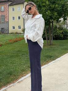 Jeta Ari Jeans de pierna ancha versátiles y casuales con bolsillo inclinado de unicolor - Azul Marino - Ver 4
