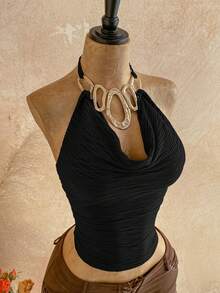 Soleia Spring/Summer New Casual Vacation Western Beach Wedding Guest Attire Graduation Brunch St. Patrick's Day Spring Break Easter Music Festival Elegant Bohemian Tropical Halter Backless Tie Strap Metal Decor Party Valentine's Date Deep V Neck Women Tank Top - Black - View 1