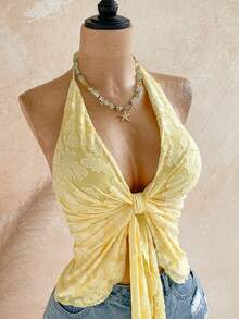 Soleia Tank Top Wanita Kasual untuk Liburan Musim Panas dengan Model Halter dan Punggung Terbuka - Kuning - View 5