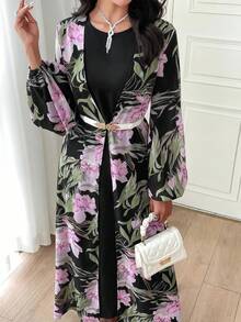Al Najma 2件組女款春夏花卉印花燈籠袖開襟衫與純色圓領洋裝優雅套裝 - 黑色 - 查看 2