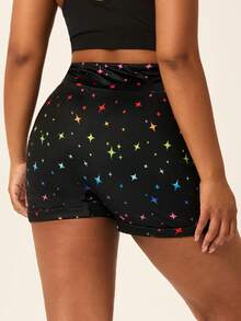 Voyena Pantalones cortos deportivos con estampado de estrellas para mujer de talla grande, pantalones de yoga - Negro - Ver 2