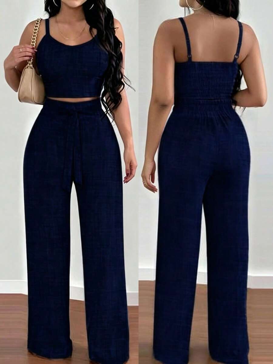 EMERY ROSE 2pcs Floral Print Camisole Top And Elastic Waist Wide Leg Pants Set For Women - Navy Blue - View 1