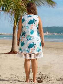Swim Lushoire 大码女式海洋动物印花流苏设计休闲度假连衣裙 - 白色 - 查看 2