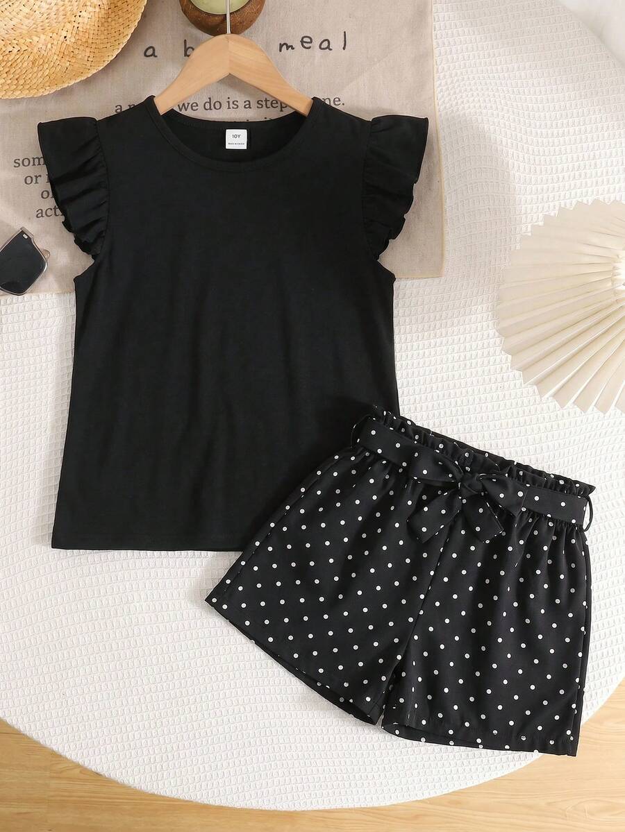 SHEIN LMoss Kids 2pcs Tween Girls Casual Comfortable Round Neck Ruffle Blouse And Pants Set - Black - View 1