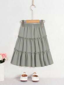 SHEIN Falda de gasa negra con volantes en el bajo para niñas, adecuada para primavera, verano y otoño, versátil para salidas y diversas ocasiones, clásica y combinable - Verde - Ver 3