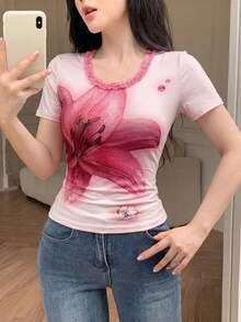 Modelyn 花卉印花撞色蕾丝短袖性感休闲T恤，适合夏季度假 - 粉色 - 查看 8