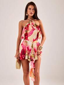 SHEIN BAE رومبير قصيرة للنساء بياقة حلقية وذيل مكشكش، لون أحادي وطباعة، للربيع/الصيف - متعدد الألوان - مشاهدة 3