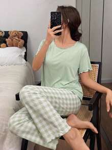 青少年女孩2件組睡衣套裝，薄荷綠寬鬆版短袖上衣與長褲，休閒居家睡衣適合戶外穿著，多種尺寸可選 - 彩色 - 查看 4